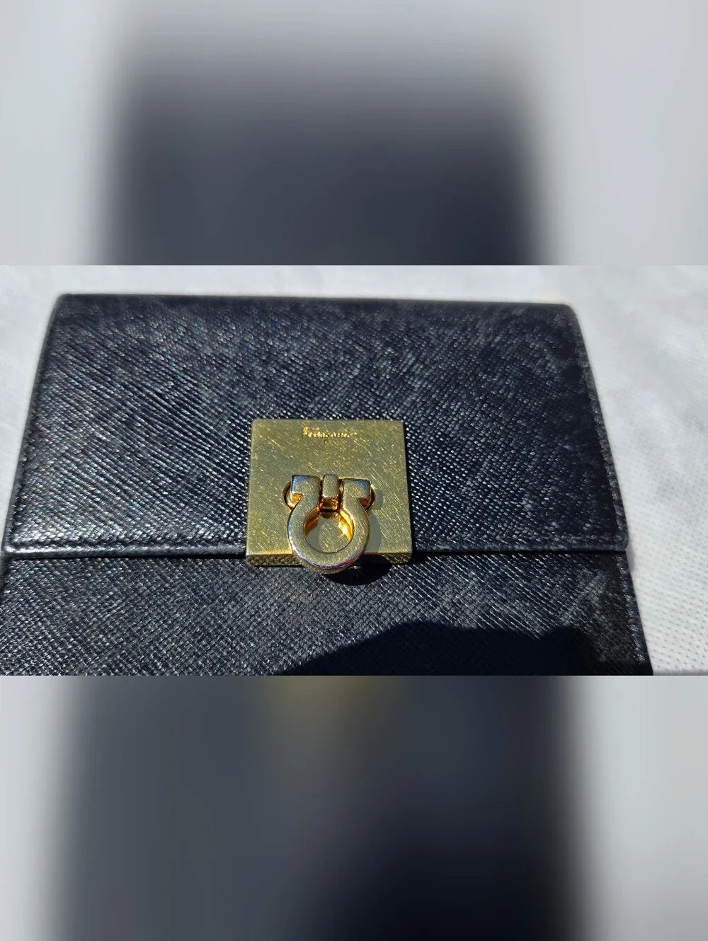 Like NEW Salvatore Ferragamo Women's Navy Kiss Lock  Tri-Fold Wallet